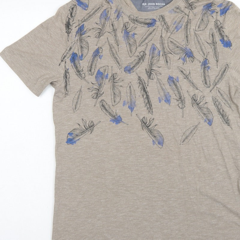 RJR John Rocha Men’s Beige Blue Feather Print Linen T-Shirt Size S