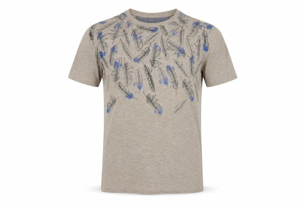 RJR John Rocha Men’s Beige Blue Feather Print Linen T-Shirt Size S