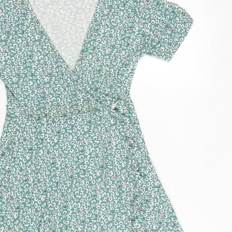 Pull&Bear Women Green Floral Wrap Dress Size M Short Sleeve