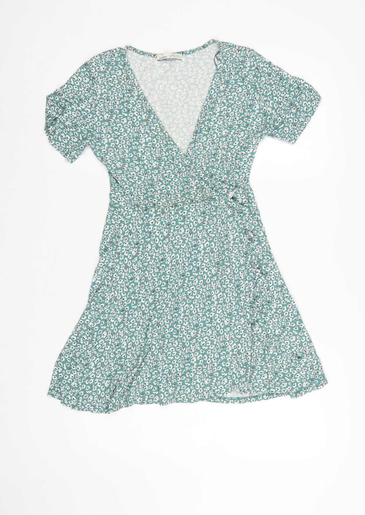 Pull&Bear Women Green Floral Wrap Dress Size M Short Sleeve