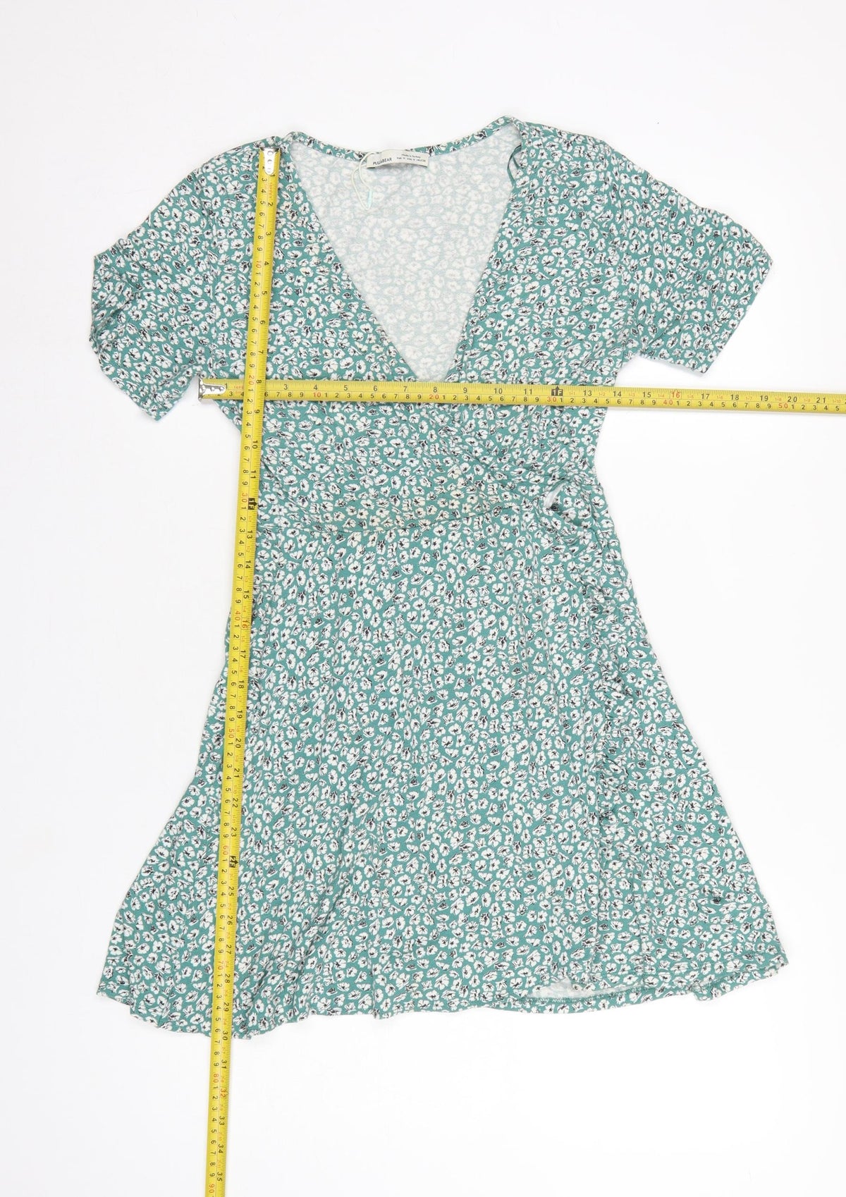 Pull&Bear Women Green Floral Wrap Dress Size M Short Sleeve