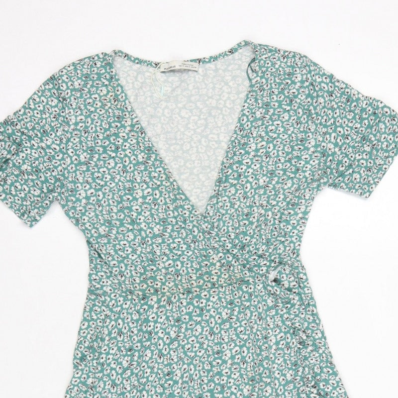 Pull&Bear Women Green Floral Wrap Dress Size M Short Sleeve