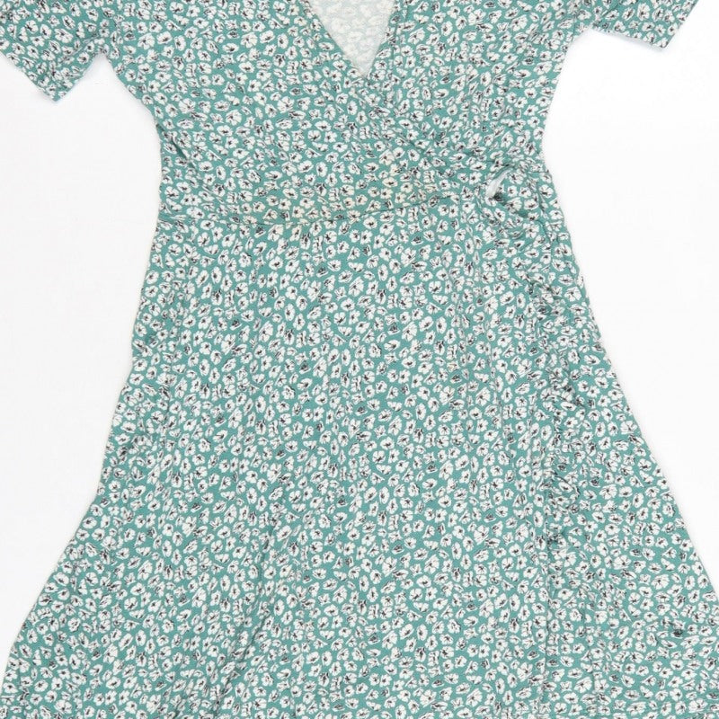 Pull&Bear Women Green Floral Wrap Dress Size M Short Sleeve