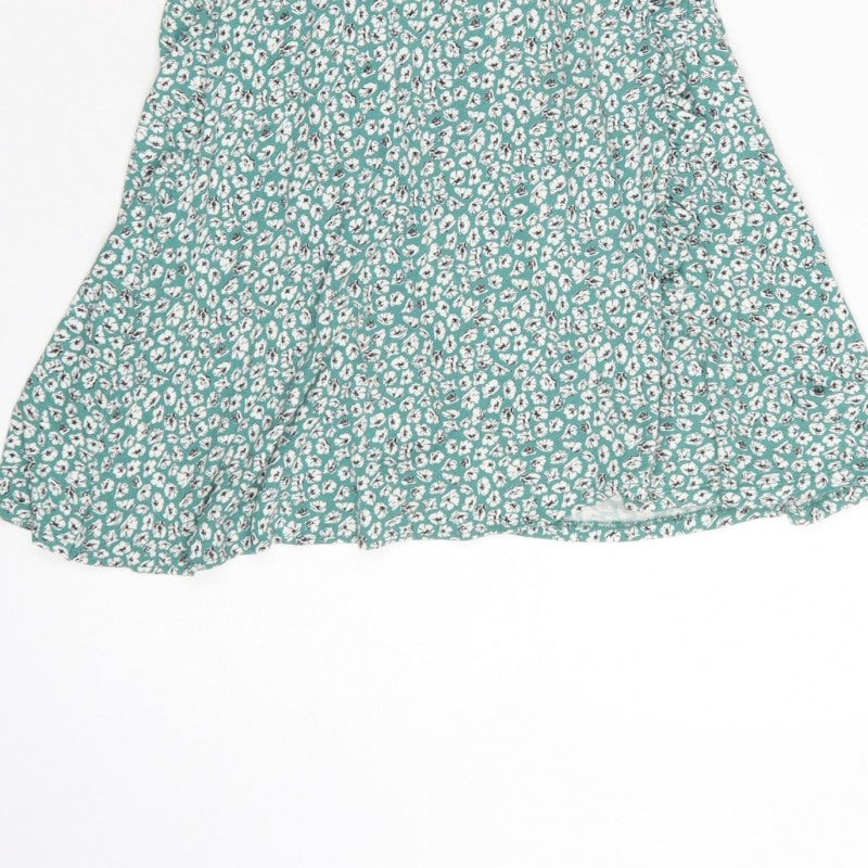 Pull&Bear Women Green Floral Wrap Dress Size M Short Sleeve