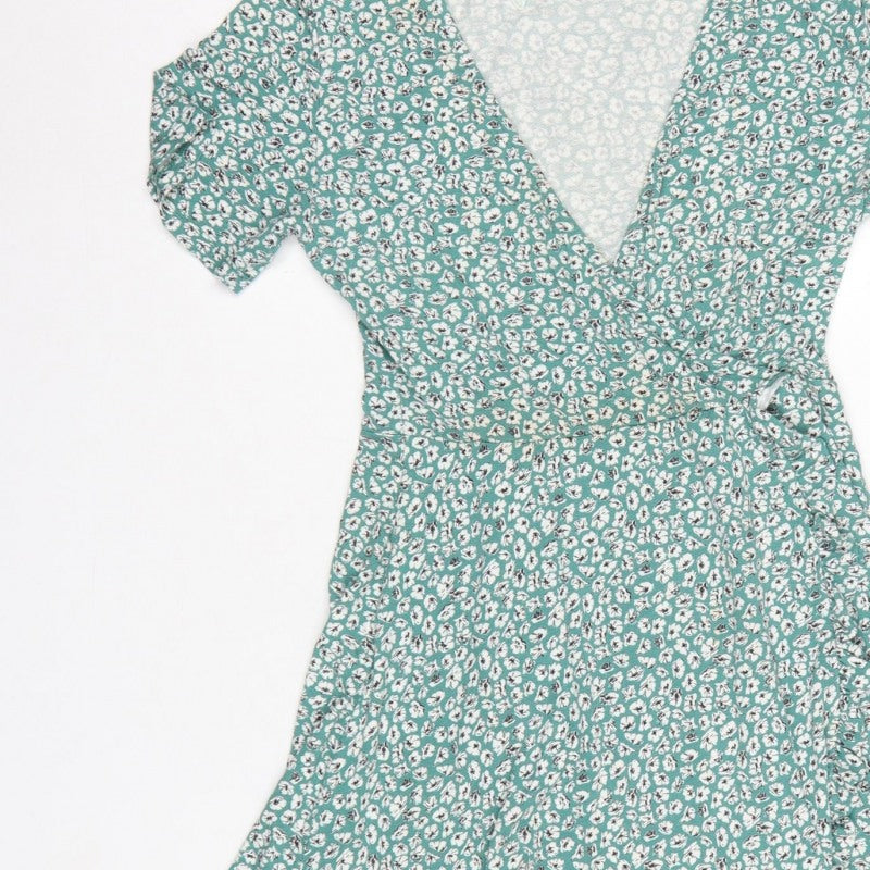 Pull&Bear Women Green Floral Wrap Dress Size M Short Sleeve