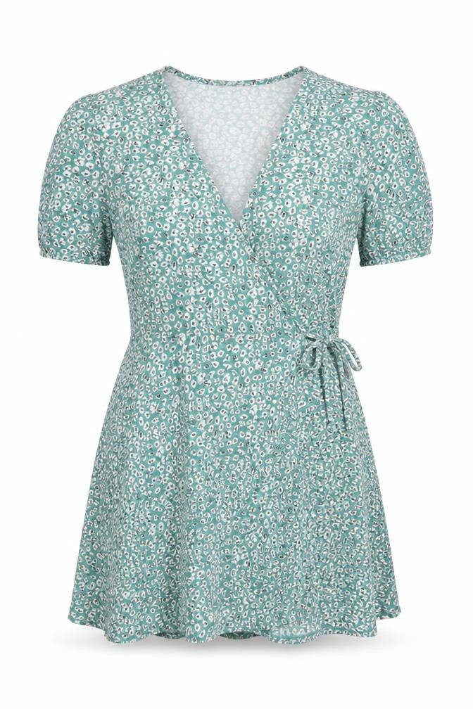 Pull&Bear Women Green Floral Wrap Dress Size M Short Sleeve