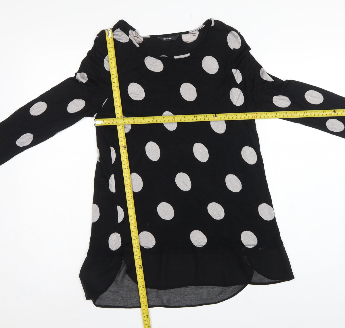 Roman Women Black Grey Polka Dot Tunic Blouse Size 14 Long Sleeve