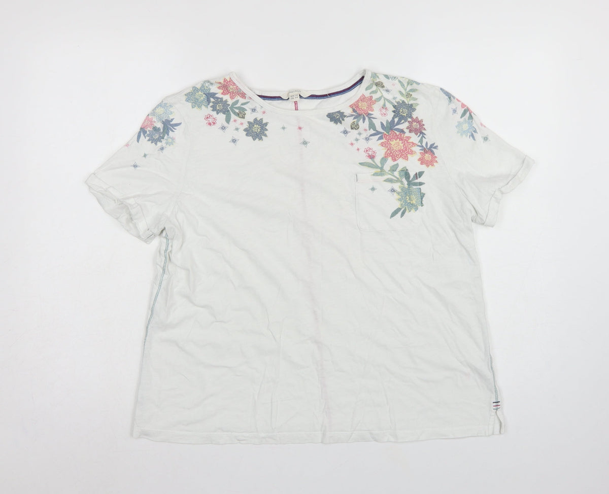 White Stuff Women White Floral Pocket Basic T-Shirt UK 16 Short Sleeve