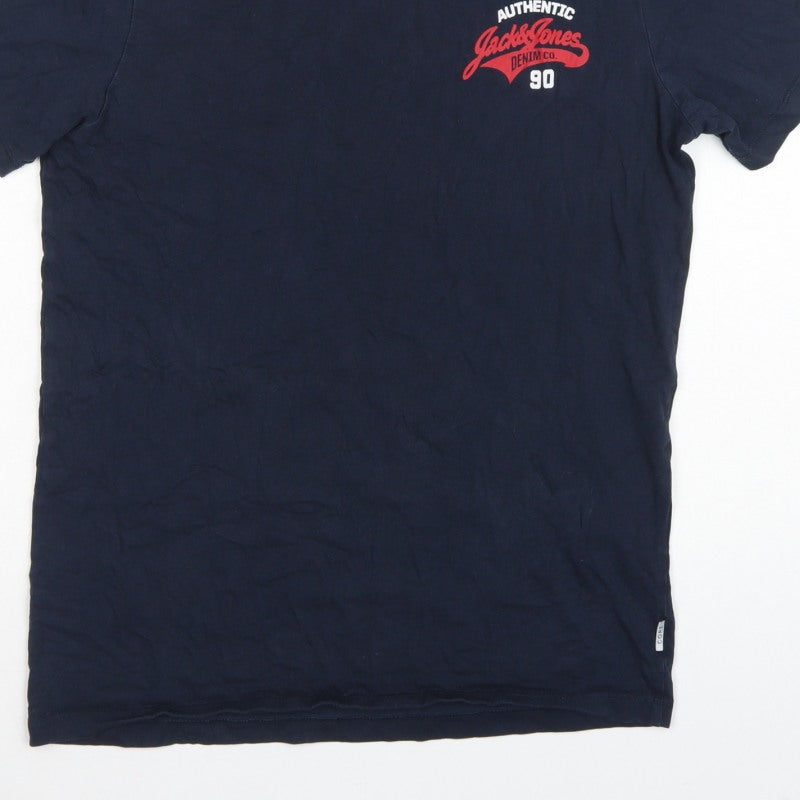 Jack & Jones Mens Blue M Crew Neck Logo Graphic Cotton T-Shirt