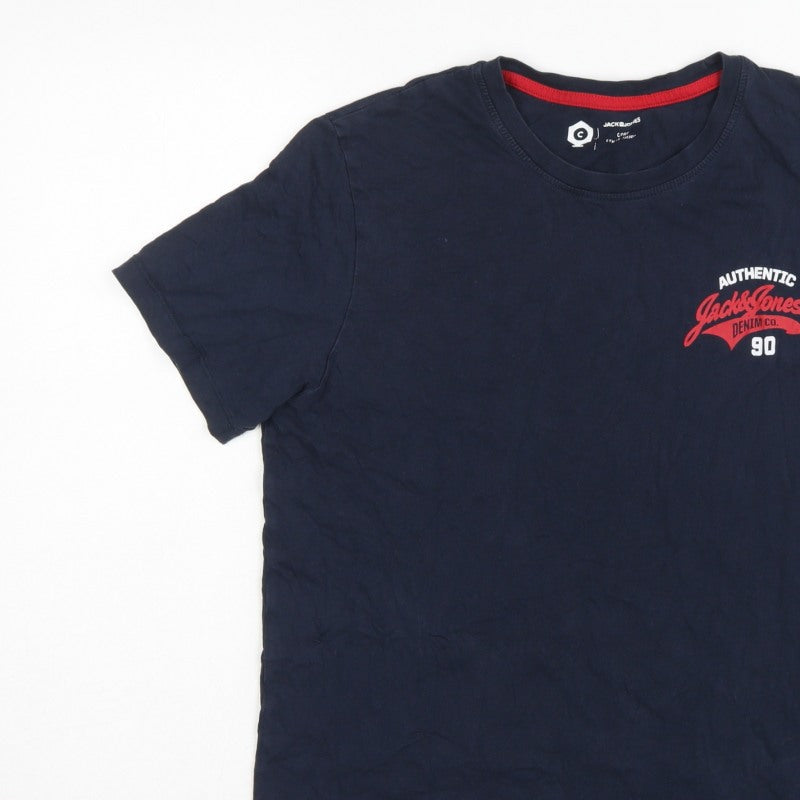 Jack & Jones Mens Blue M Crew Neck Logo Graphic Cotton T-Shirt