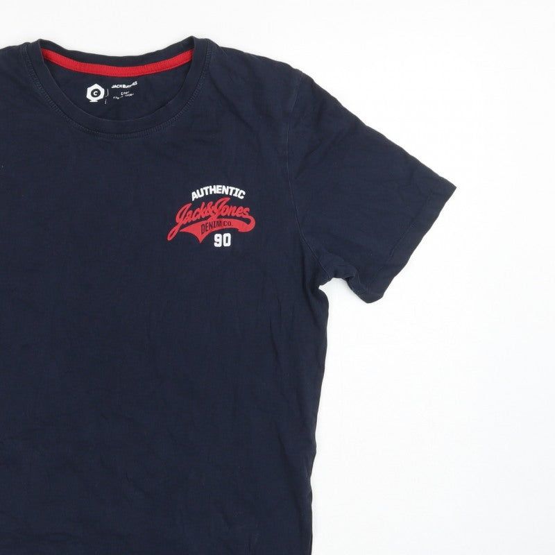 Jack & Jones Mens Blue M Crew Neck Logo Graphic Cotton T-Shirt