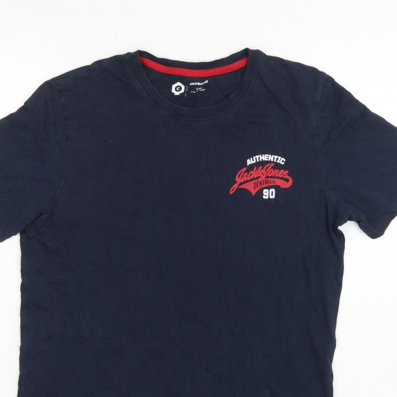 Jack & Jones Mens Blue M Crew Neck Logo Graphic Cotton T-Shirt