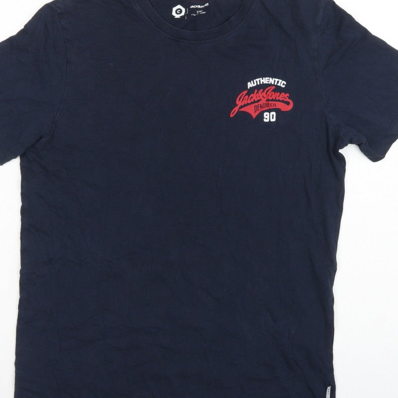 Jack & Jones Mens Blue M Crew Neck Logo Graphic Cotton T-Shirt