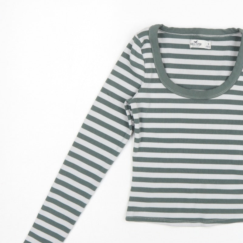Hollister Women Green White Stripe Ribbed Long Sleeve Jersey T-Shirt S