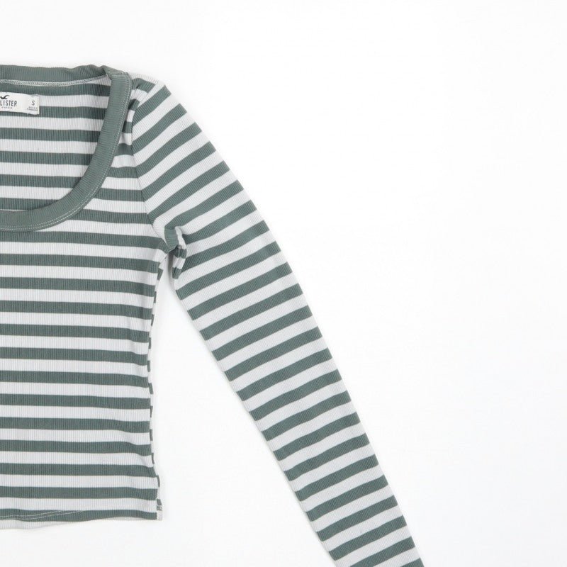 Hollister Women Green White Stripe Ribbed Long Sleeve Jersey T-Shirt S