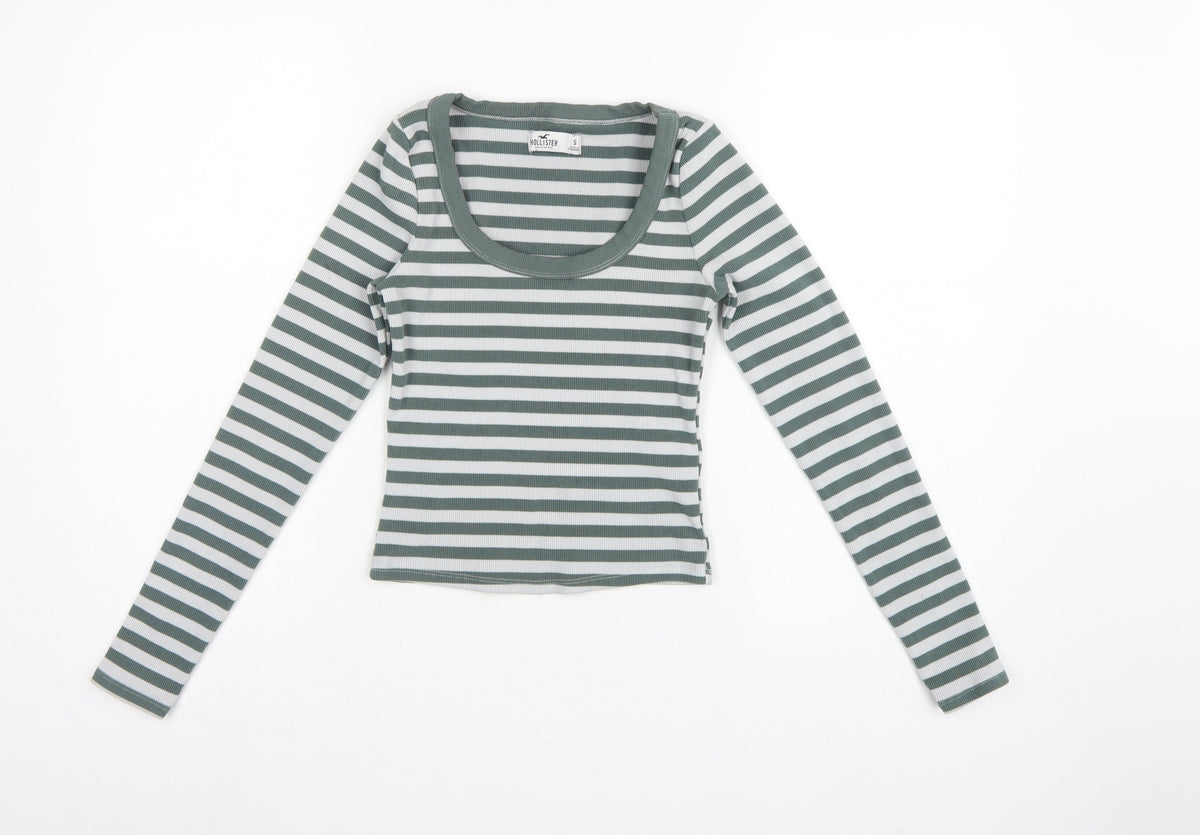 Hollister Women Green White Stripe Ribbed Long Sleeve Jersey T-Shirt S