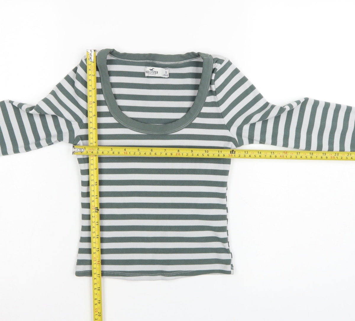 Hollister Women Green White Stripe Ribbed Long Sleeve Jersey T-Shirt S