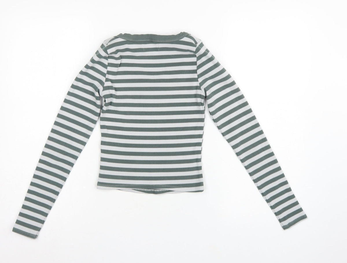 Hollister Women Green White Stripe Ribbed Long Sleeve Jersey T-Shirt S