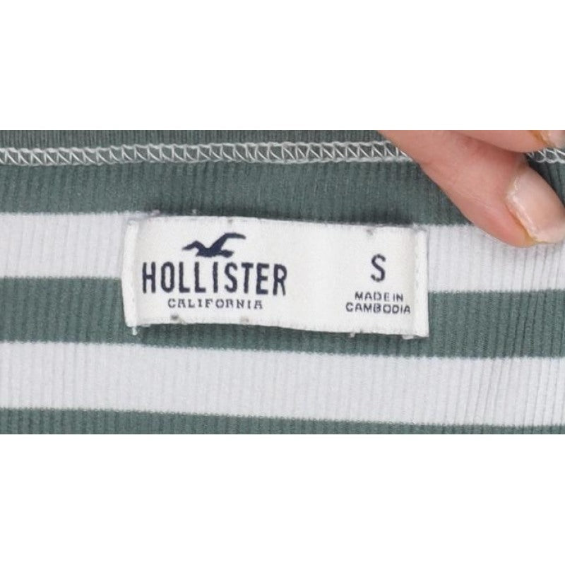 Hollister Women Green White Stripe Ribbed Long Sleeve Jersey T-Shirt S