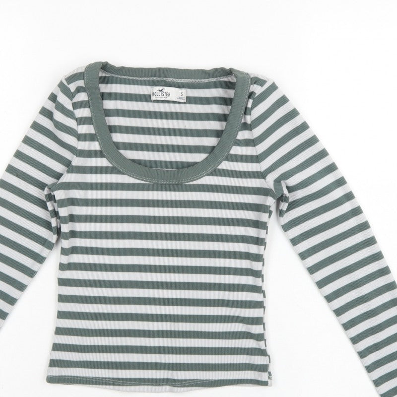 Hollister Women Green White Stripe Ribbed Long Sleeve Jersey T-Shirt S