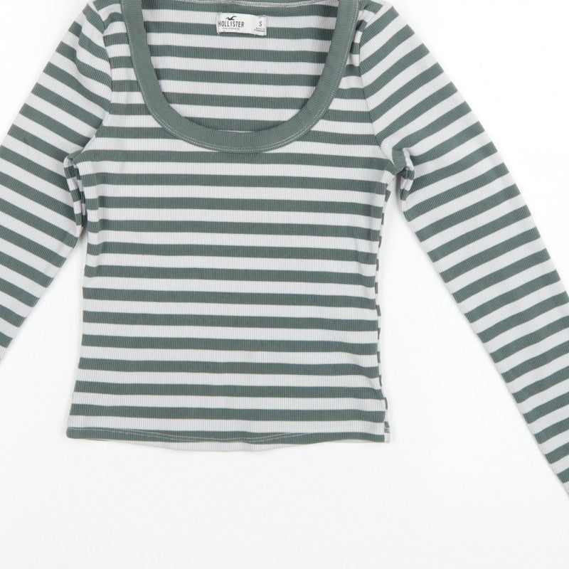 Hollister Women Green White Stripe Ribbed Long Sleeve Jersey T-Shirt S