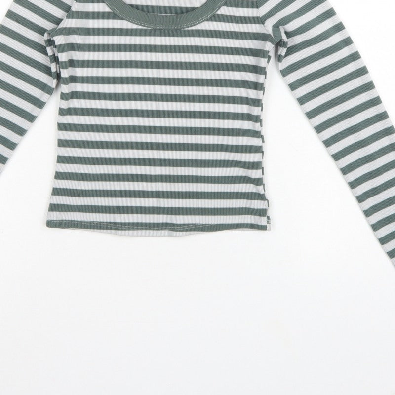 Hollister Women Green White Stripe Ribbed Long Sleeve Jersey T-Shirt S