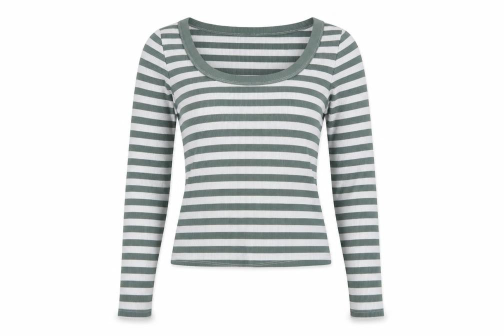 Hollister Women Green White Stripe Ribbed Long Sleeve Jersey T-Shirt S