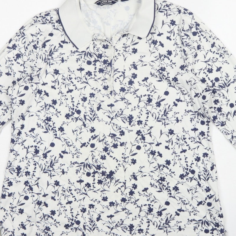 Lands' End Women White Blue Floral Cotton Long Sleeve Polo Top L