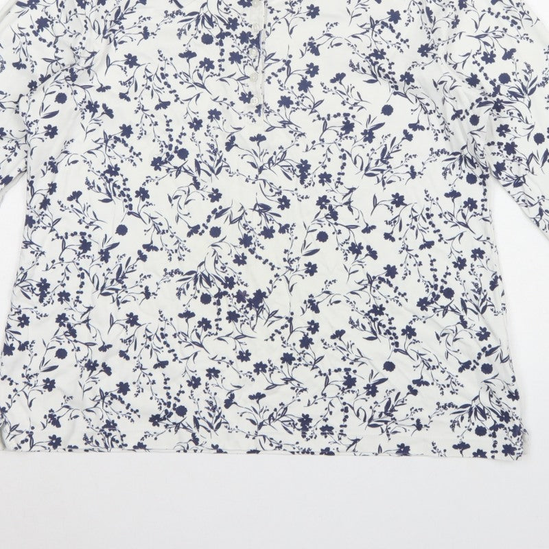 Lands' End Women White Blue Floral Cotton Long Sleeve Polo Top L