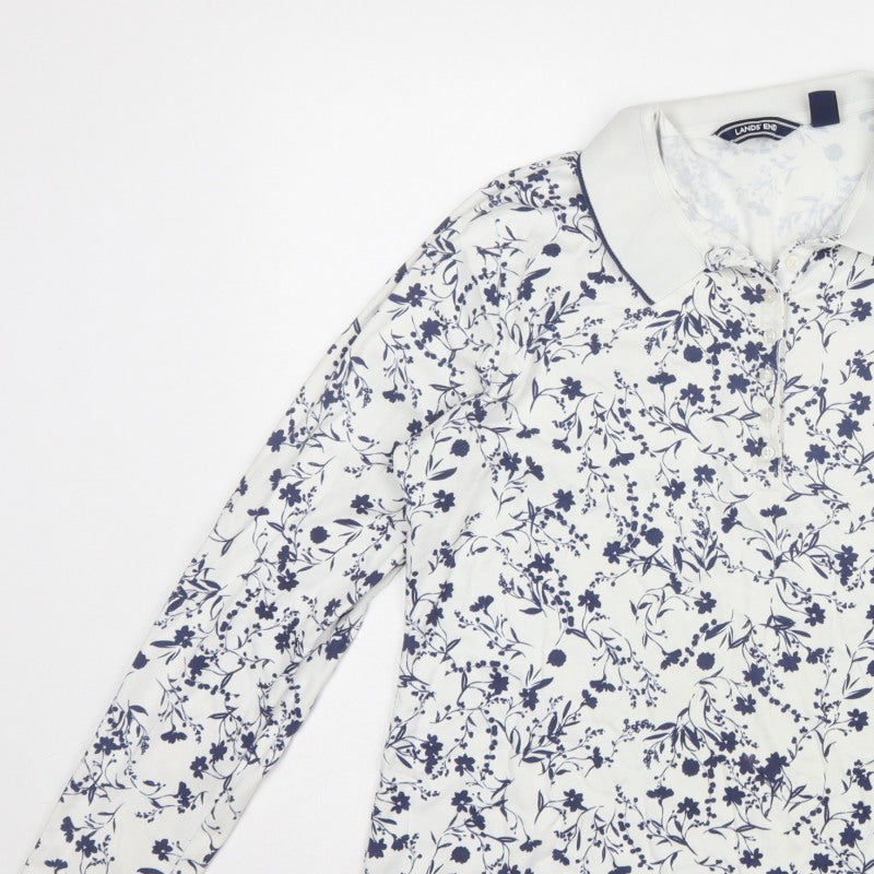 Lands' End Women White Blue Floral Cotton Long Sleeve Polo Top L