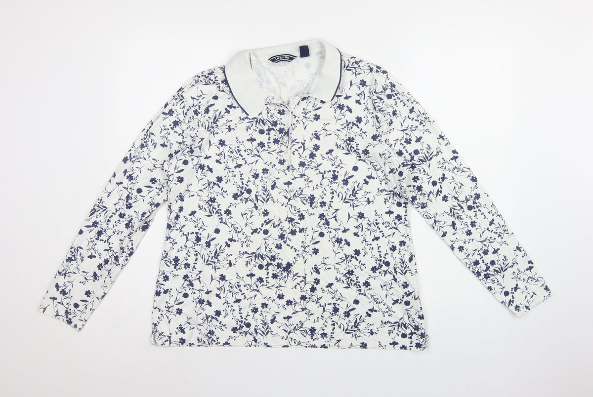 Lands' End Women White Blue Floral Cotton Long Sleeve Polo Top L