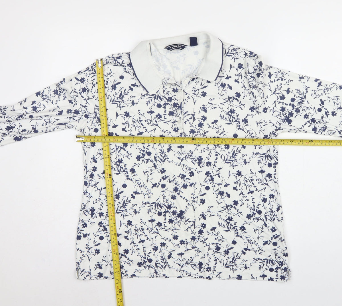 Lands' End Women White Blue Floral Cotton Long Sleeve Polo Top L