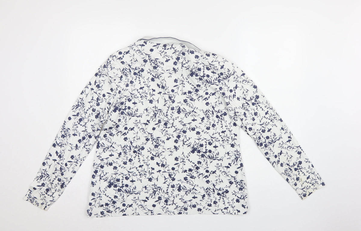 Lands' End Women White Blue Floral Cotton Long Sleeve Polo Top L