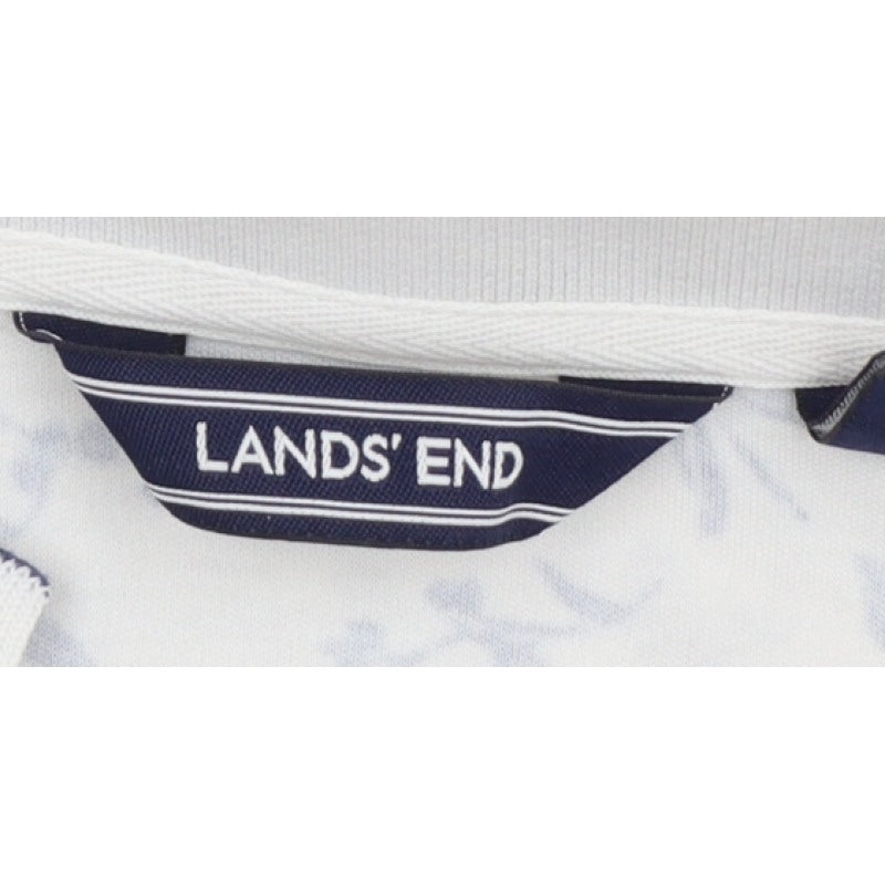 Lands' End Women White Blue Floral Cotton Long Sleeve Polo Top L
