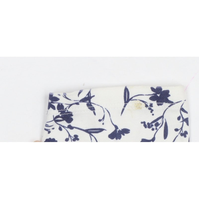 Lands' End Women White Blue Floral Cotton Long Sleeve Polo Top L