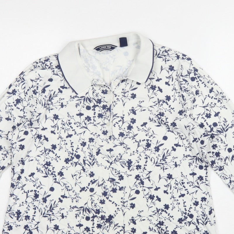 Lands' End Women White Blue Floral Cotton Long Sleeve Polo Top L