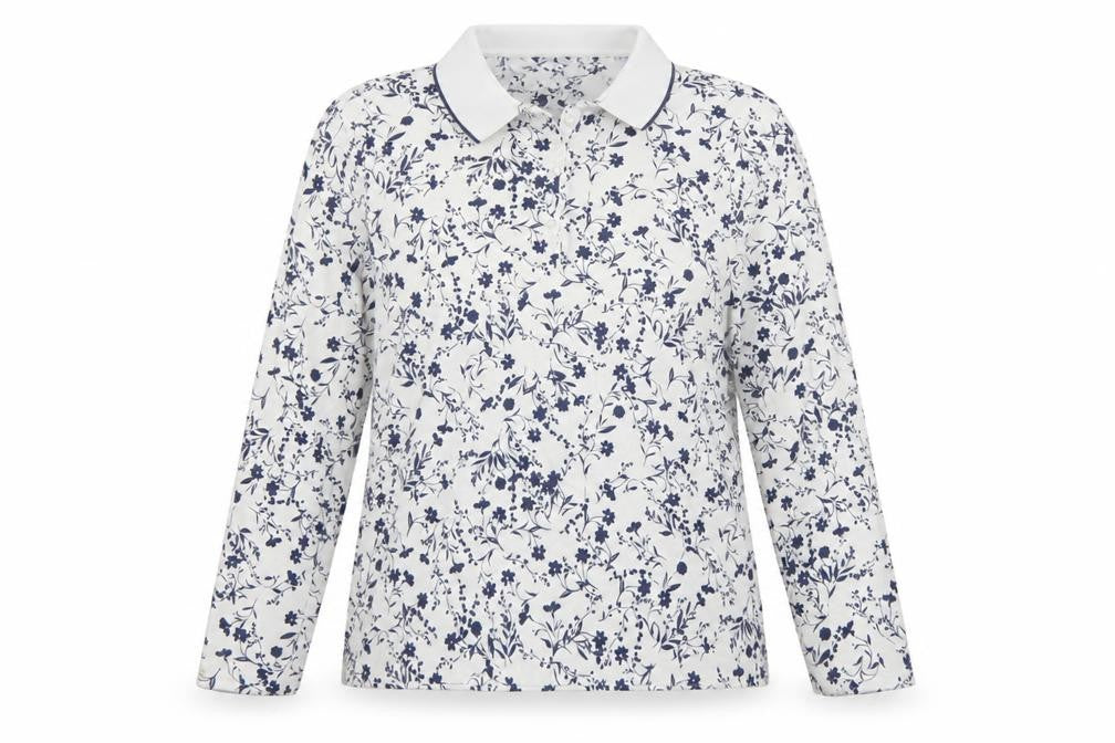 Lands' End Women White Blue Floral Cotton Long Sleeve Polo Top L