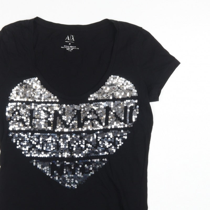 Armani Exchange Women Black M Slim Sequin Eagle Scoop Neck T-Shirt