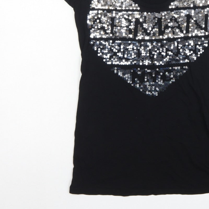 Armani Exchange Women Black M Slim Sequin Eagle Scoop Neck T-Shirt