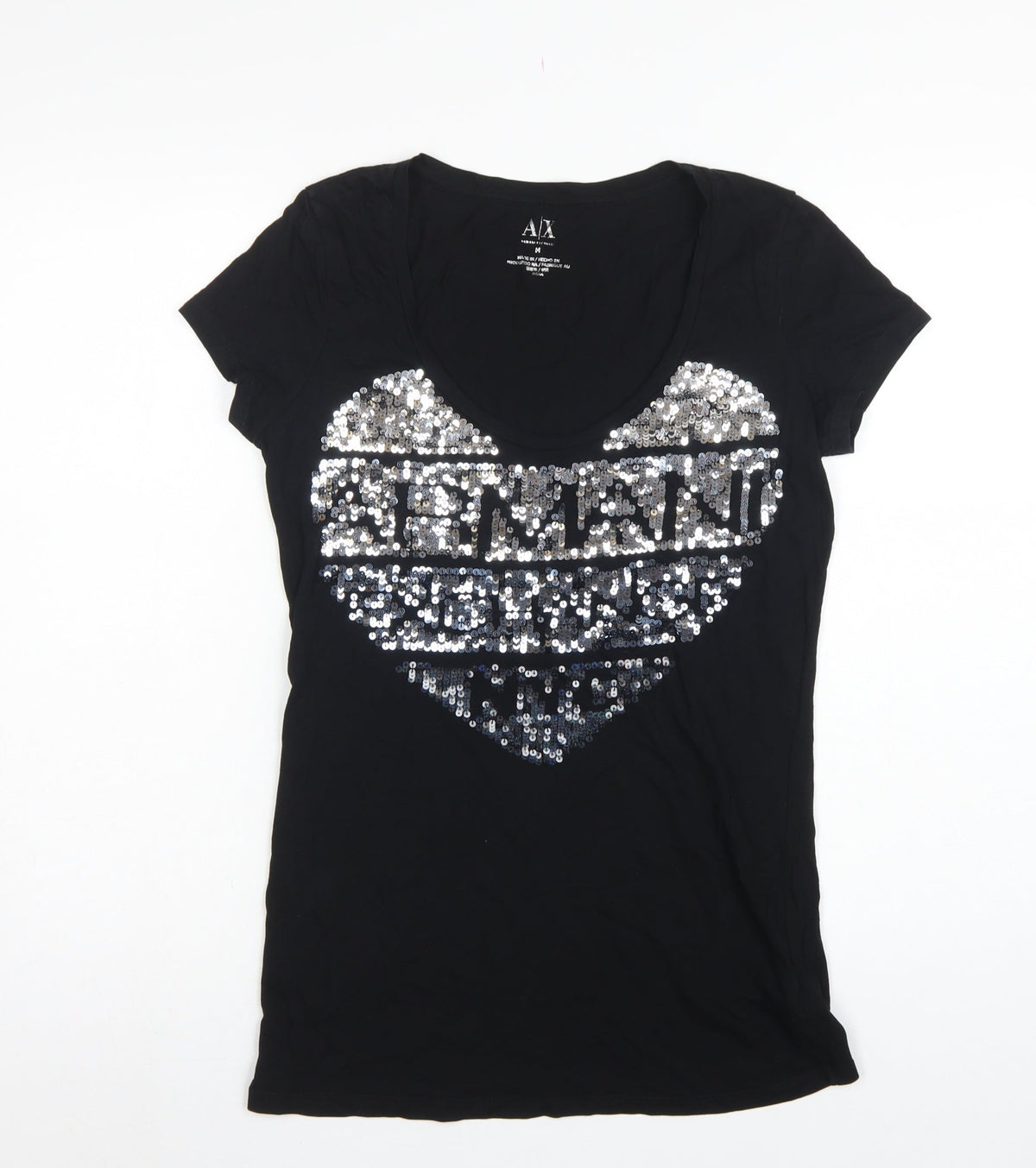 Armani Exchange Women Black M Slim Sequin Eagle Scoop Neck T-Shirt