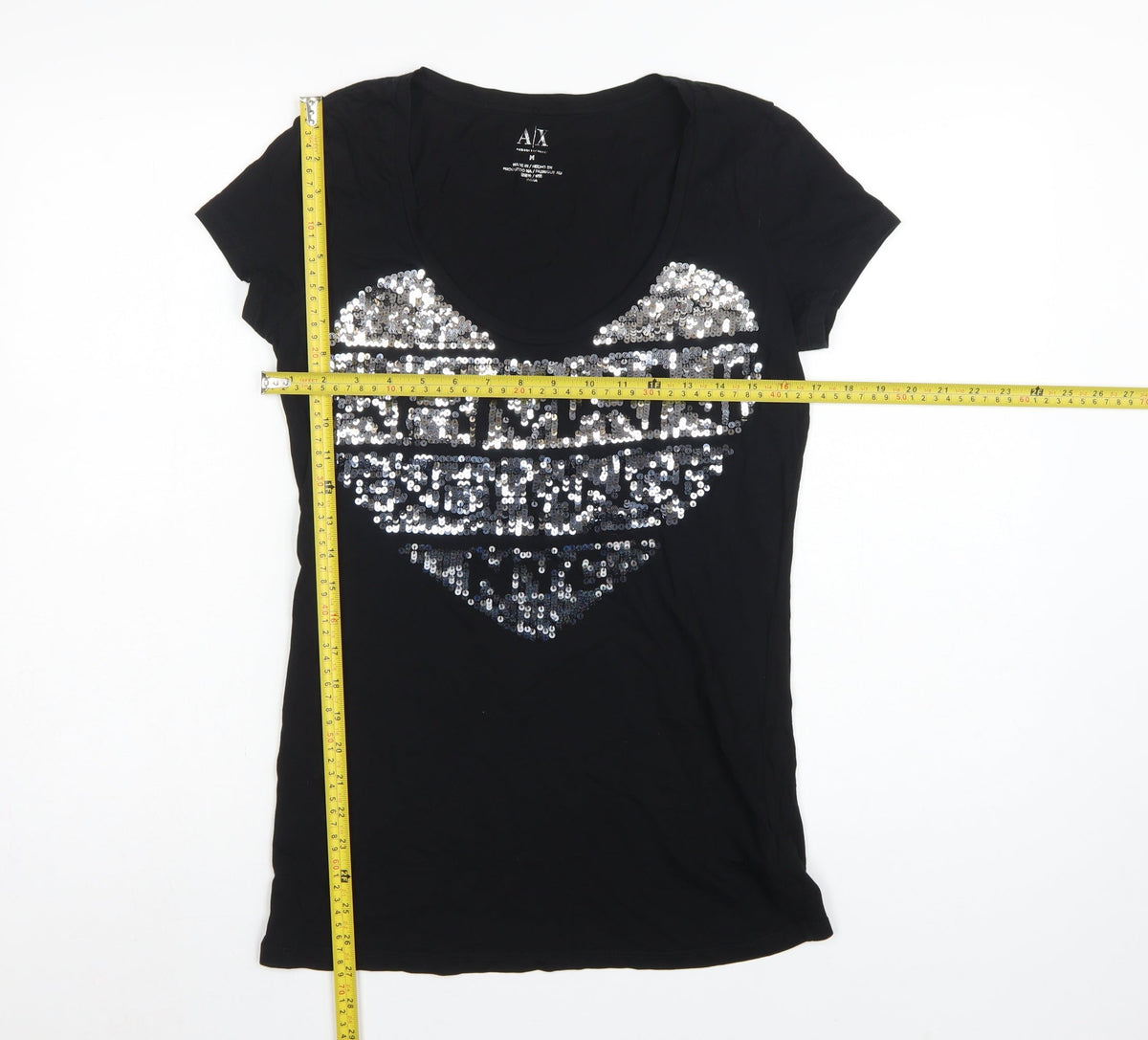 Armani Exchange Women Black M Slim Sequin Eagle Scoop Neck T-Shirt