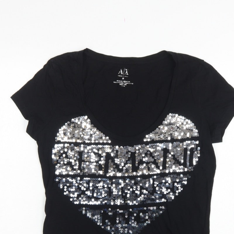 Armani Exchange Women Black M Slim Sequin Eagle Scoop Neck T-Shirt
