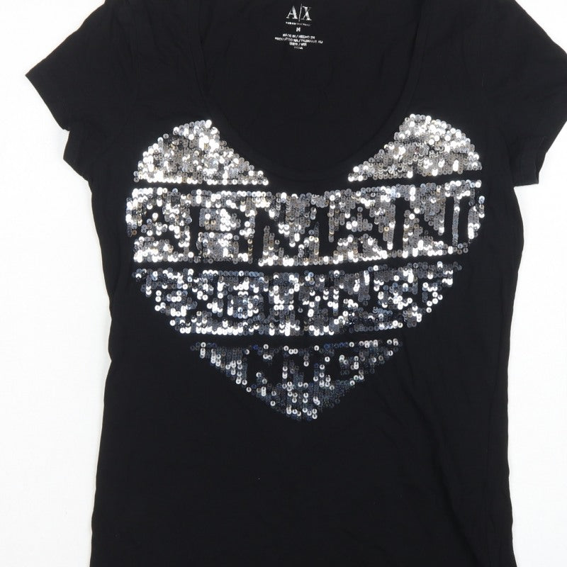 Armani Exchange Women Black M Slim Sequin Eagle Scoop Neck T-Shirt