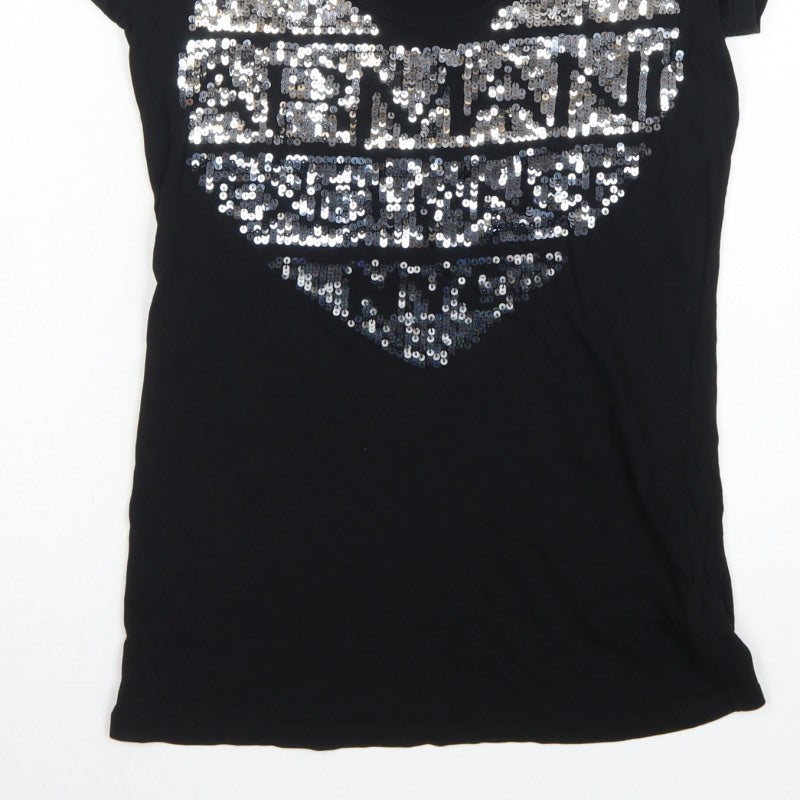 Armani Exchange Women Black M Slim Sequin Eagle Scoop Neck T-Shirt