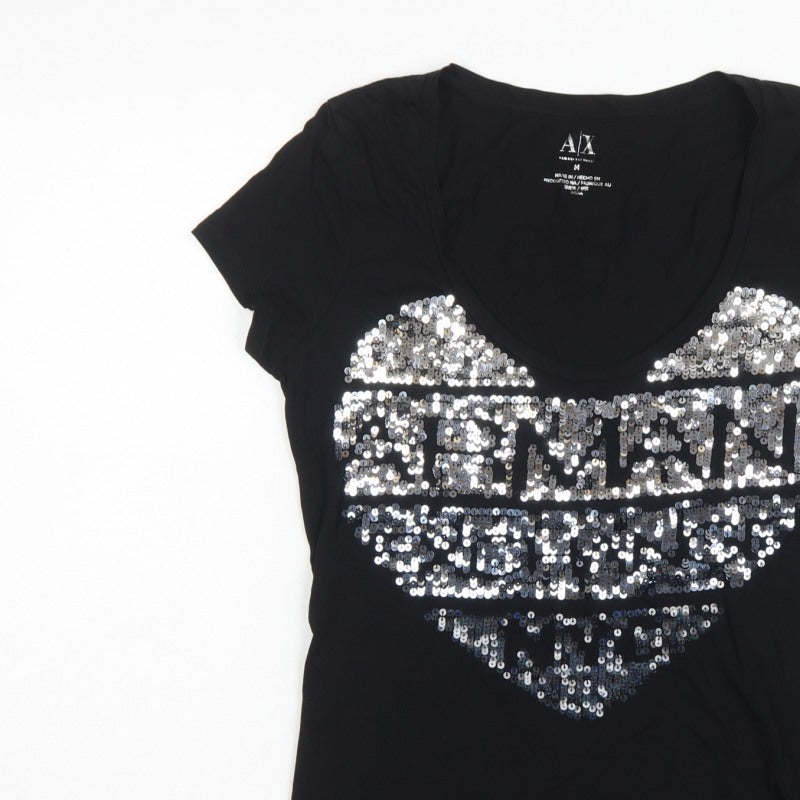 Armani Exchange Women Black M Slim Sequin Eagle Scoop Neck T-Shirt