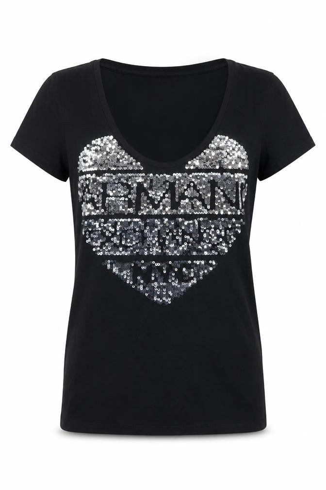 Armani Exchange Women Black M Slim Sequin Eagle Scoop Neck T-Shirt