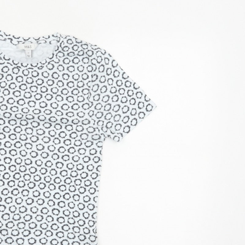 Marks and Spencer Women White Black UK 12 Basic Geometric Cotton T-Shirt