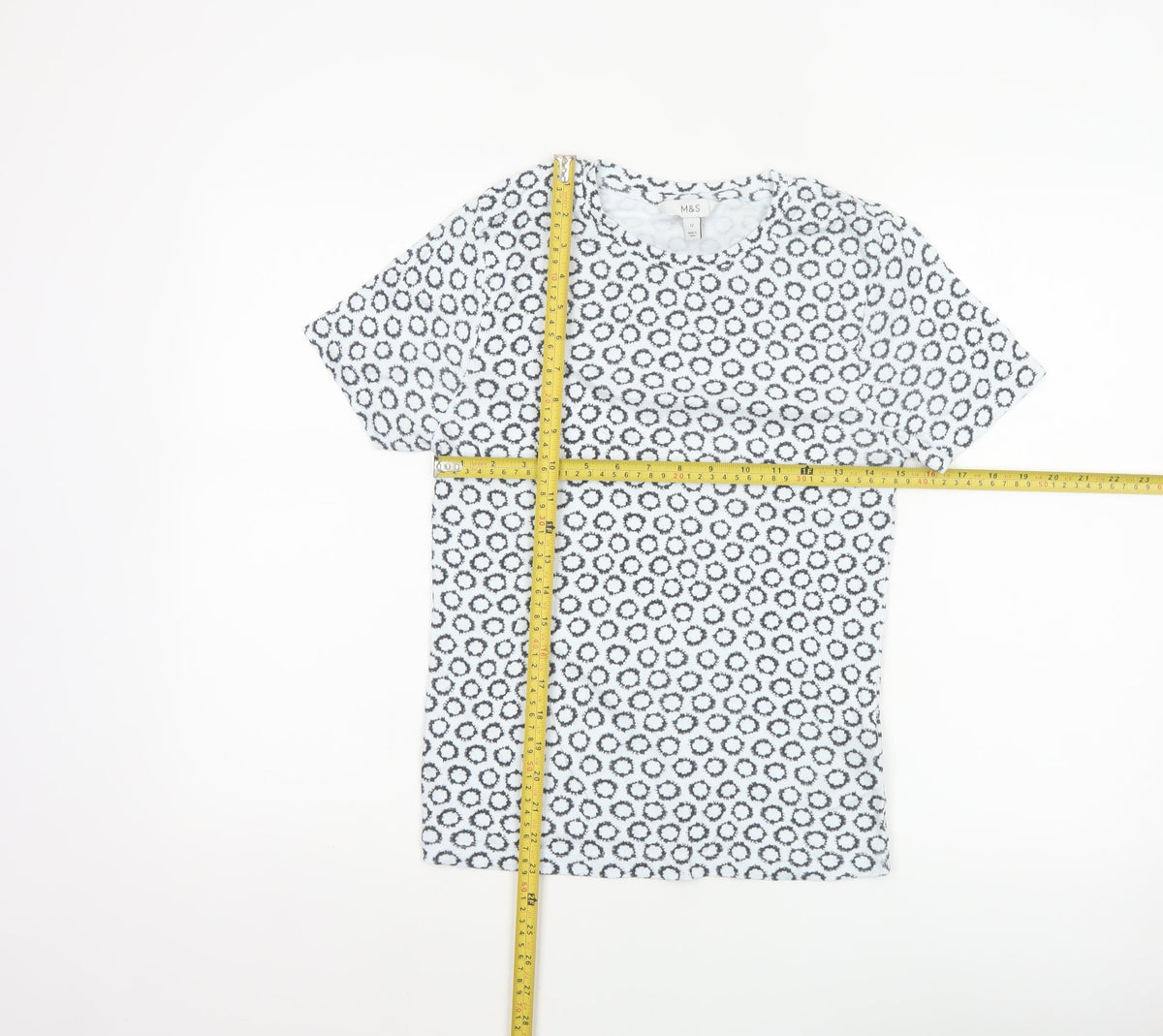 Marks and Spencer Women White Black UK 12 Basic Geometric Cotton T-Shirt