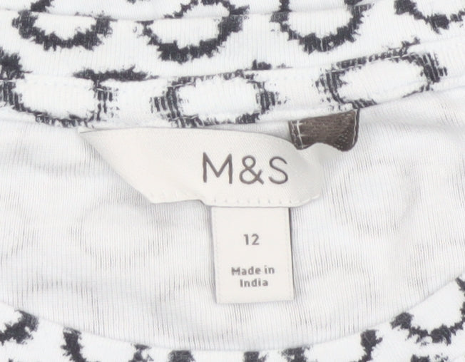 Marks and Spencer Women White Black UK 12 Basic Geometric Cotton T-Shirt