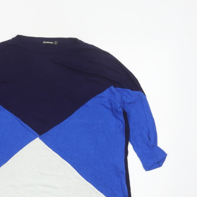 Stradivarius Women’s Blue Navy White S Geometric 3/4 Sleeve Jumper
